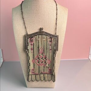 Antique Whiting & Davis Mesh Bag with Pink and Gold Design